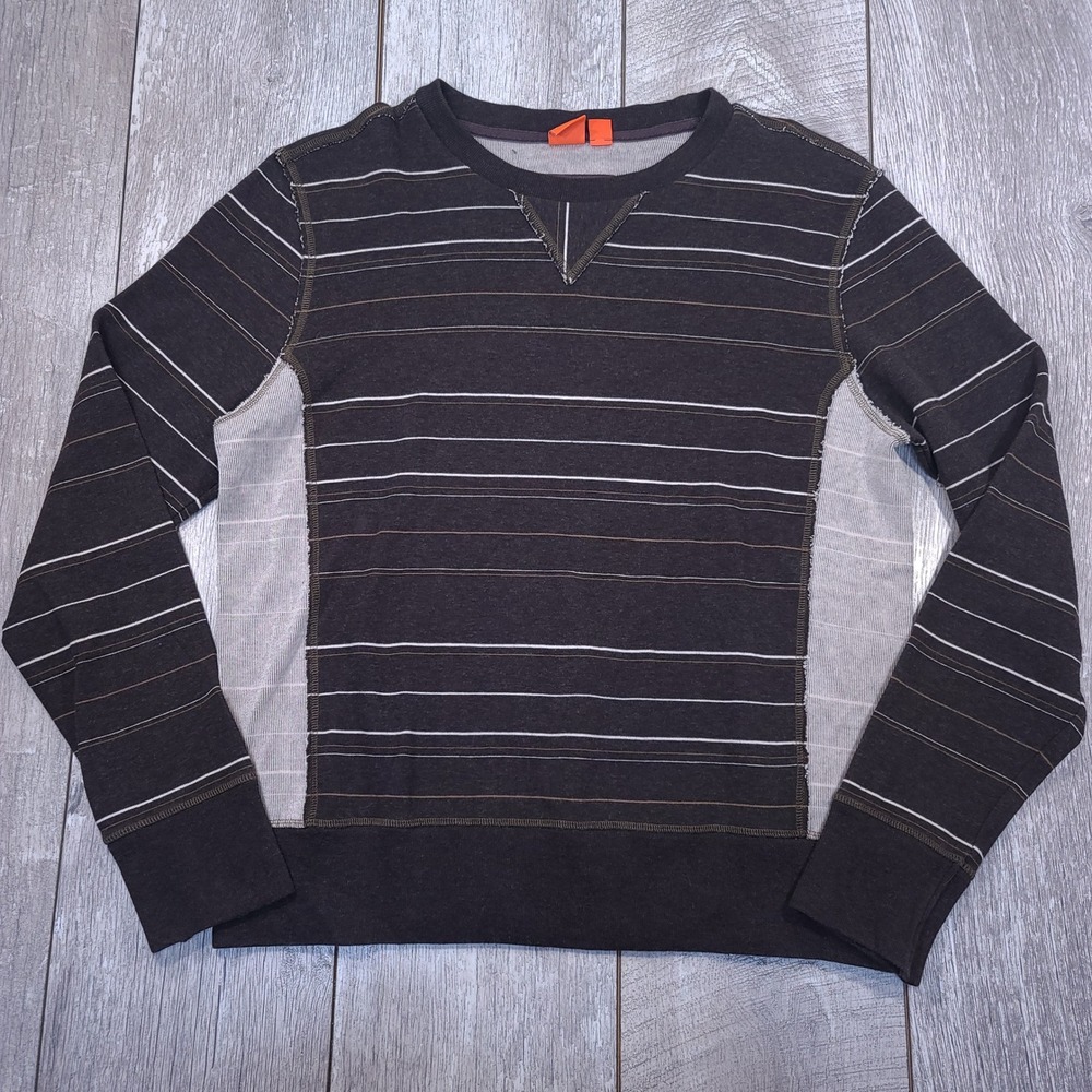 Hugo Boss Black Crewneck Sweater with Gray and Brown Stripes